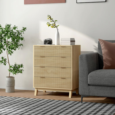 Fluted Dresser For Bedroom With 4 Drawers, Chest Of Drawers With Gold Finger Pulls And 4 Wood Legs, Natural Wood