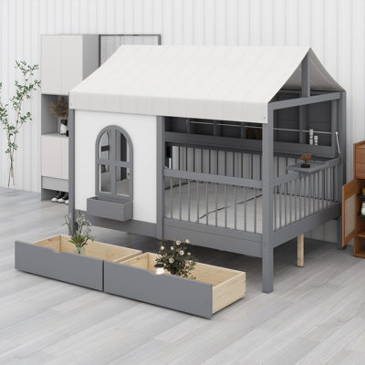 House Bed With 2 Large Drawers, Side Bookshelf With LED Strip
