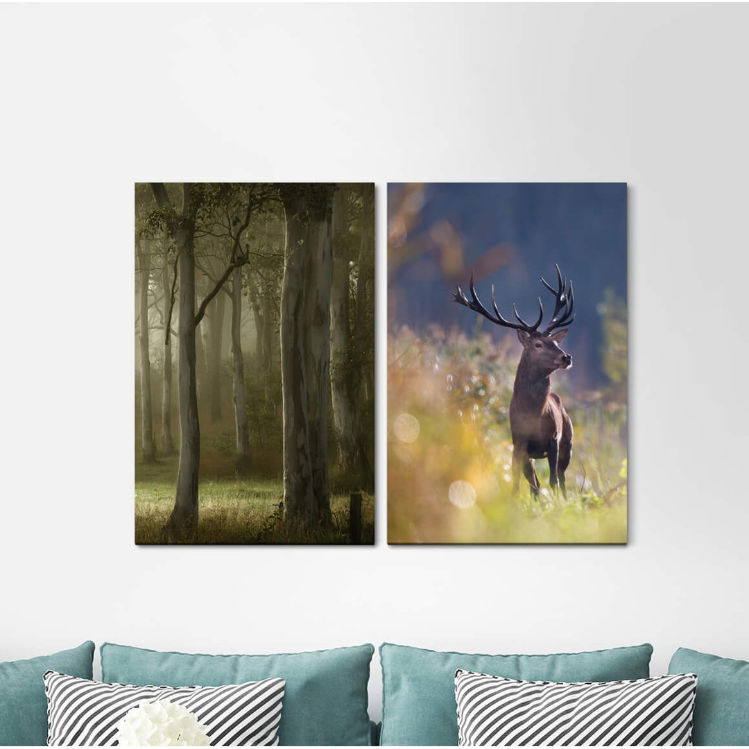 2-tlg. Leinwandbilder-Set - Fotografie „Forest Antlers Deer Peaceful Nature Relaxing Peaceful”