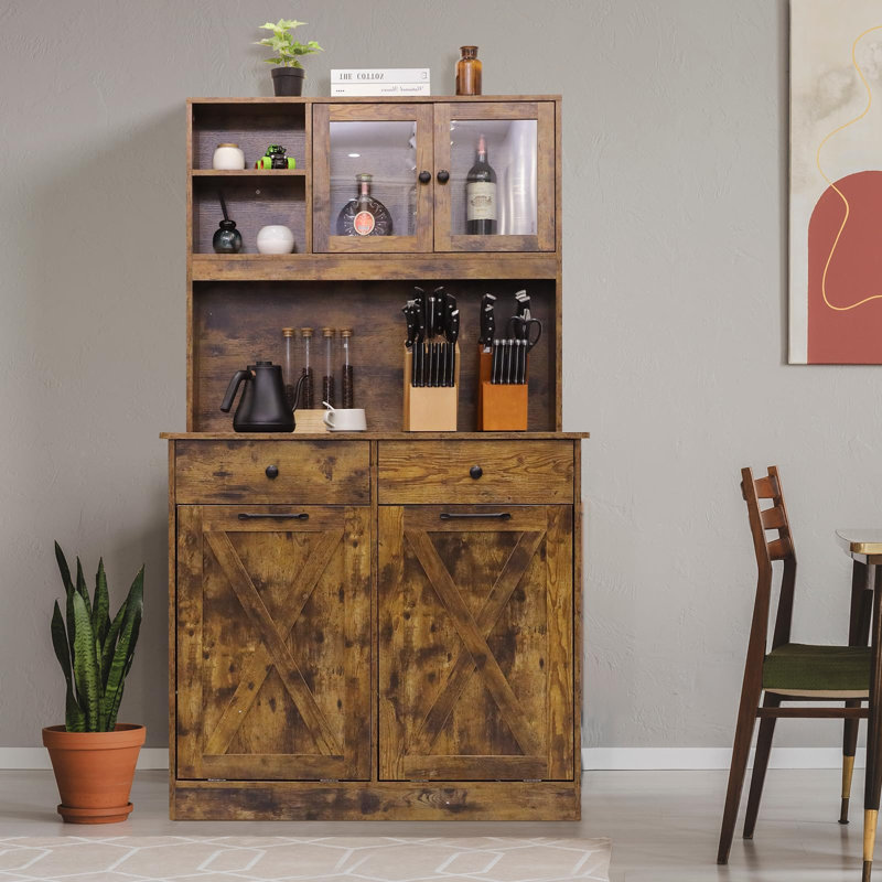 Armoire à ordures et de rangement à double basculement, armoire de cuisine avec porte-poubelle cachée 10 x 2 gallons pour animaux de compagnie, armoire de tri à lessive autoportante, avec tiroir, tablettes, porte de grange