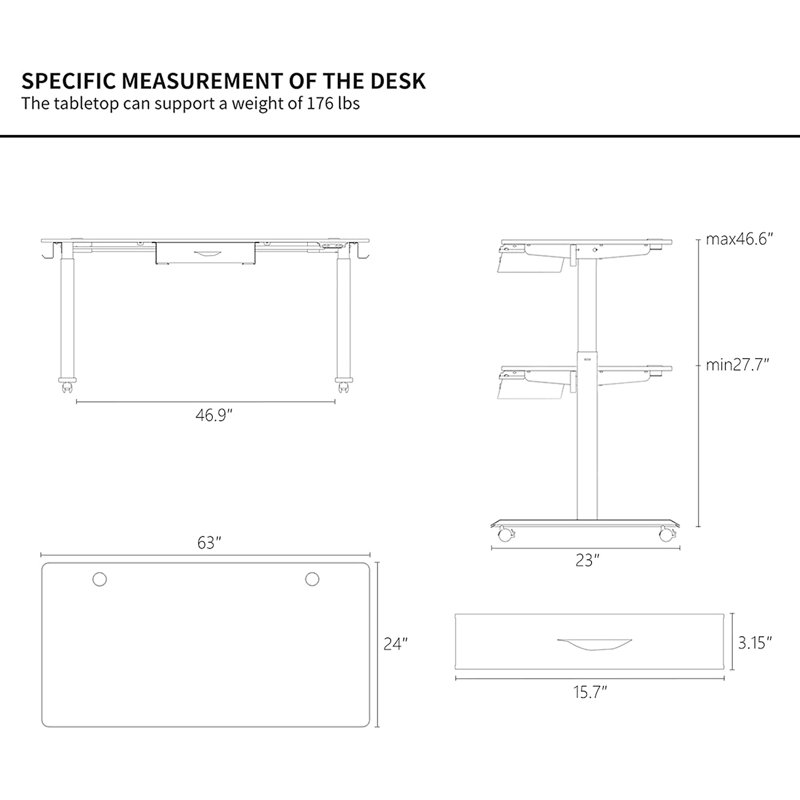 Bureau debout à hauteur ajustable avec tiroir, Blanc / blanc, H 27,7 po x l 63 po x P 24 po