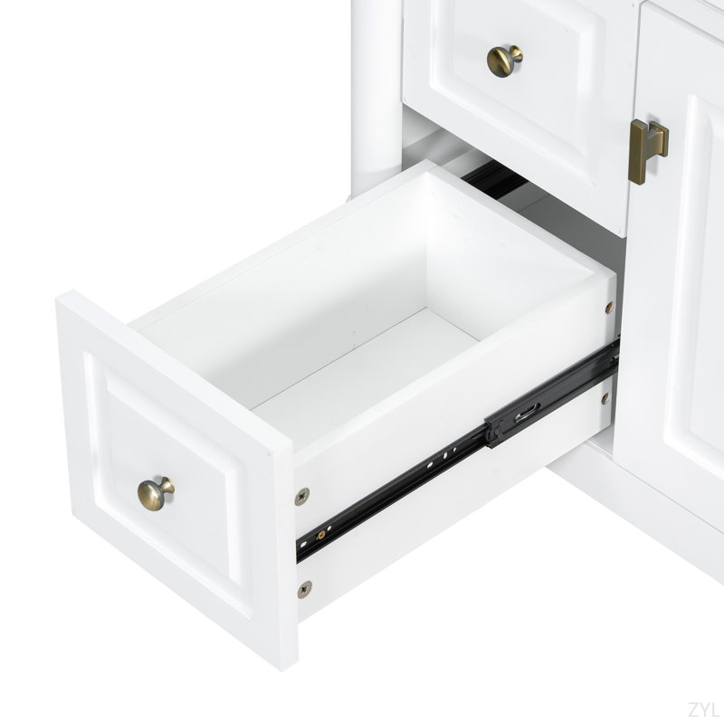 Bathroom Vanity With Sink, Freestanding Bathroom Cabinet With Flip Drawer & Adjustable Shelf, Solid Rubberwood Frame, MDF Panels & Metal Handles