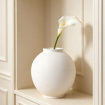 Large White Ceramic Vase, 9.8 Inch Rustic Farmhouse Flower Vase For Home Decor, Sandstone Texture Round Pottery Tall Vase For Table, Living Room, And Mantel