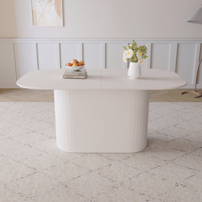 63" Mdf Dining Table New Cream Style Regular Edge 4-8 Person Vertical Striped Table Legs Thick Top