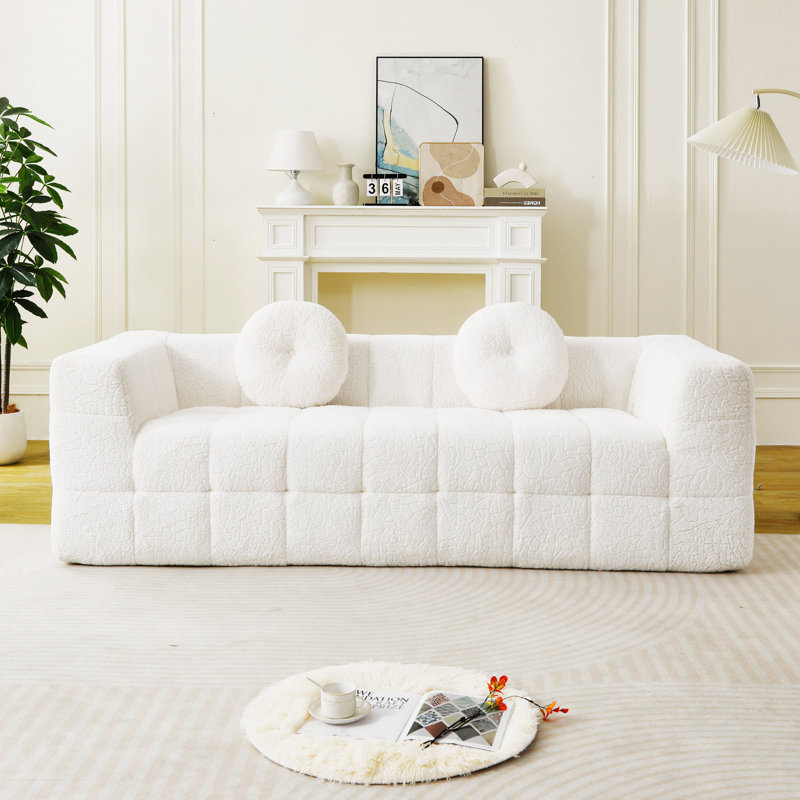 Canapé 84,6 po sans os avec deux coussins décoratifs circulaires, tissu en polyester à poils longs texturé litchi doux pour la peau et canapé en mousse à carreaux à trois places