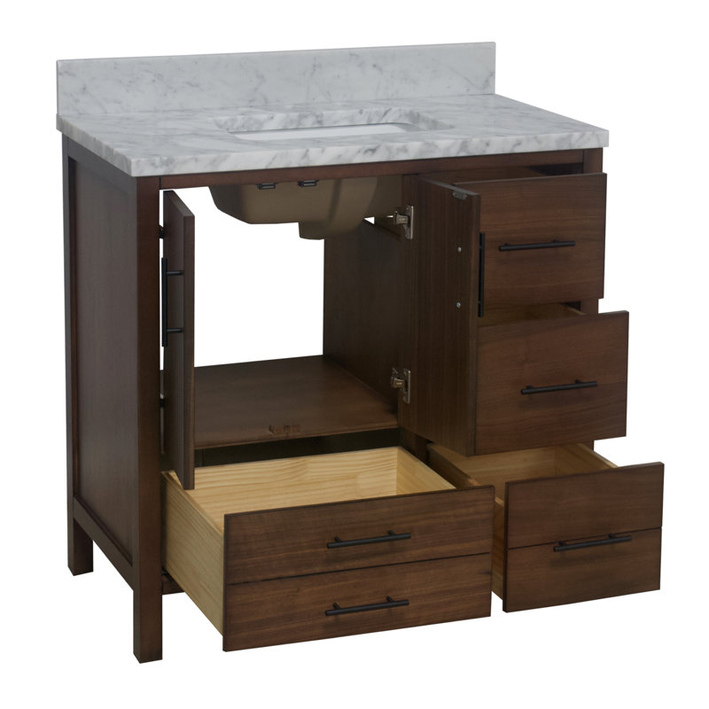 Ensemble de meuble-lavabo simple 36 po Kiara, Marbre de Carrare, Noyer