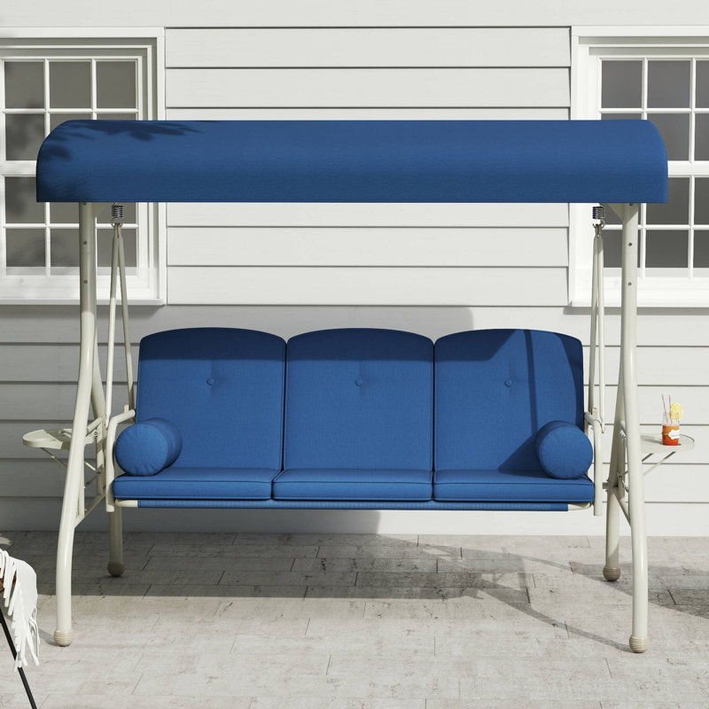Balançoires d'extérieur pour 3 personnes avec auvent, balançoire avec porte-gobelets et coussins pour la cour arrière, Bleu