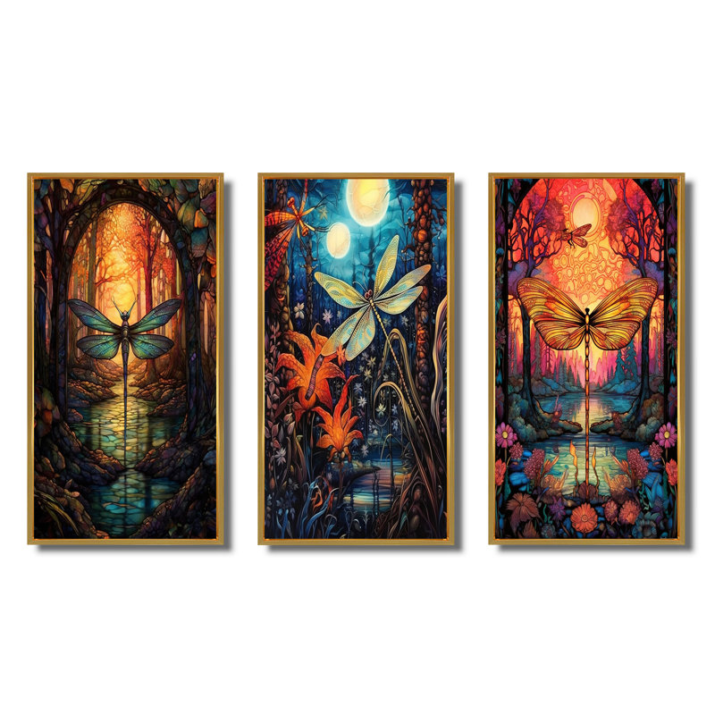 «Majestic Dragonfly In Enchanted Forest II», 3 pièces sur toile, H 20 po x l 36 po, Encadrement doré