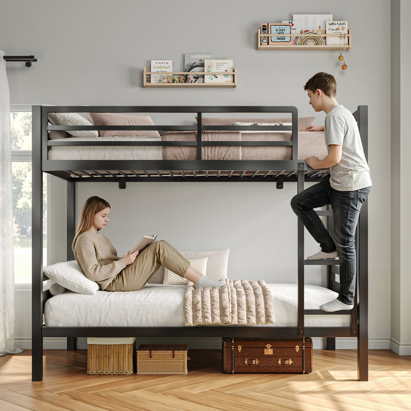 Bunk Bed Twin Over Twin, Heavy Duty Metal Bed With Ladder And Full-length Guardrail, Under-bed Storage Space, No Box Spring Needed, Noise Free, Black