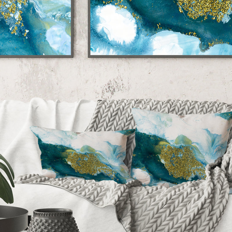 «Blue and Glitter Gold» - Coussin décoratif imprimé moderne, 16 po x 16 po