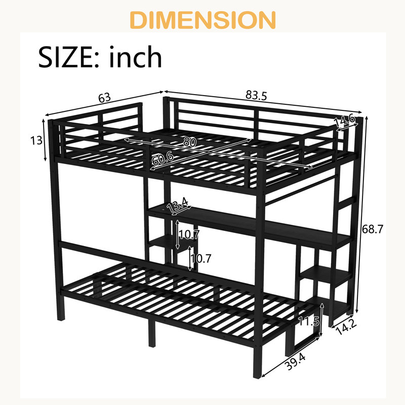 Queen Over Twin XL Metal Bunk Bed/Loft Bed With Desk And Shelves, Multiple Uses Folds Into Sofa With LED And USB