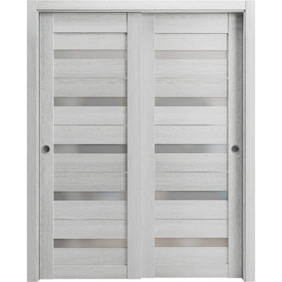 Portes coulissantes de placard à double battant avec verre dépoli Quadro 4445, rails robustes en chêne gris pâle, moulures, garnitures et quincaillerie, ensemble de quincaillerie pour portes de placard de chambre en bois massif - 60 po x 80 po (2 x 30 x 80 po)