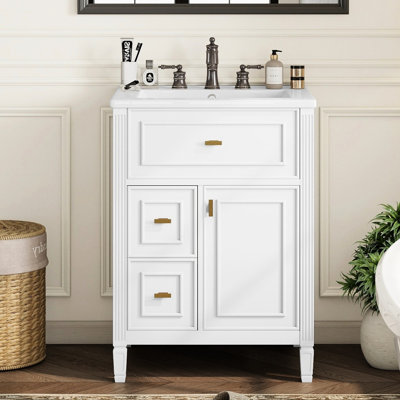 Meuble-lavabo blanc 24 po avec lavabo, tiroir en bois massif et un tiroir rabattable, deux tiroirs, tablette réglable, surface en céramique lisse, dossier ouvert pour une installation facile, plomberie à poignées dorées élégantes,