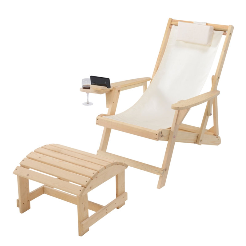 Elshad Folding Beach Chair, White, Natural