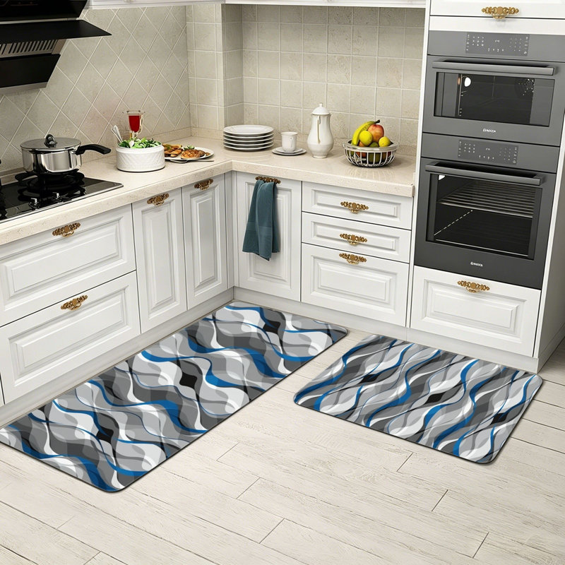 Blue Grey Transparent Wave Abstract Kitchen Rugs Set of 2, Modern Kitchen, Sunroom