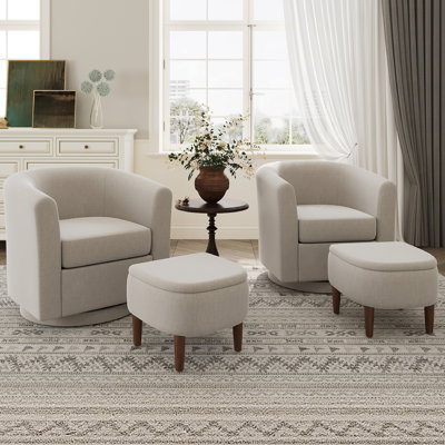 Upholstered Swivel Barrel Chair With Storage Ottoman, 24.5″ Wide Small Accent Chair, 360° Rotation(Set Of 2)