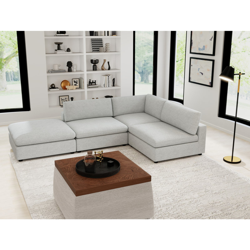 4-Piece Minimalist Modern Soft-Upholstered Sectional With Ottoman