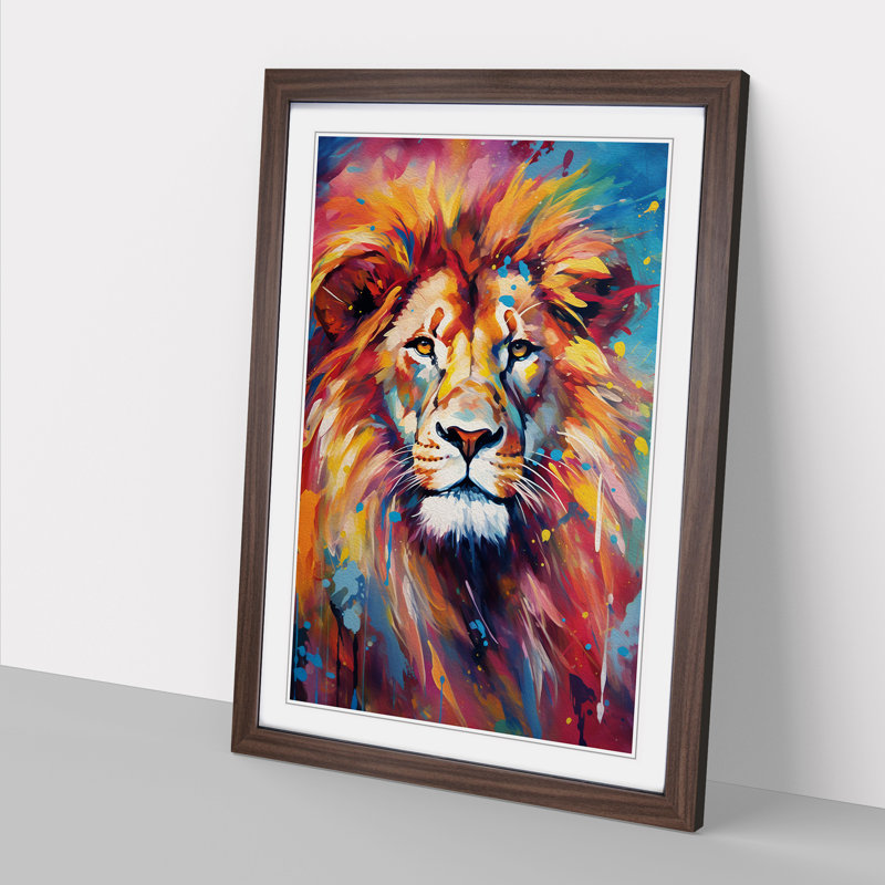 Lion Abstract - Single Picture Frame Print on Wood, 46cm H x 34cm W x 2cm D, Walnut