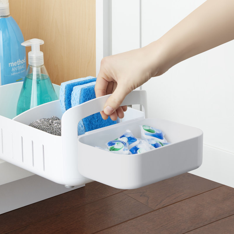 White Rolling Storage Bin with Adjustable Dividers and Basket