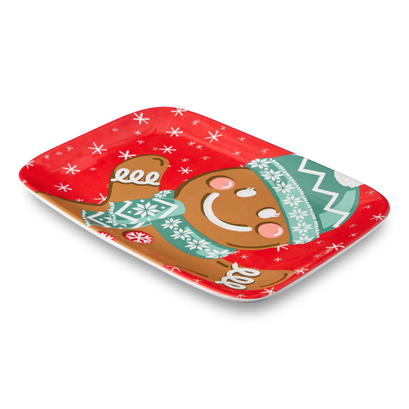 Plateau de service festif en céramique 14 po x 10 po Christmas Whimsy Gingerbread