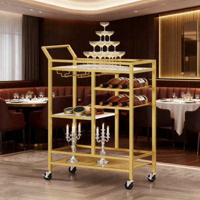3-Tier Bar Cart With Tempered Glass Top, Wine Rack And Glass Holder - Mobile Serving Cart With Locking Wheels For Living Room, Dining Room, Kitchen by Mercer41