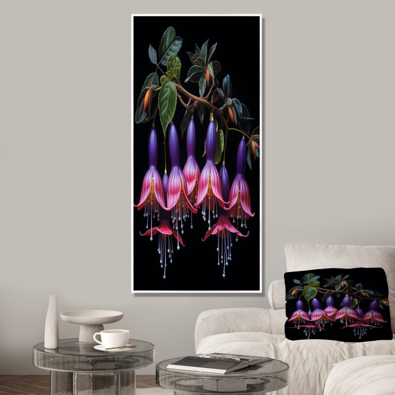 Fleurs mauves en cascade - Fuschia, Cadre flottant blanc, H 20 po x l 12 po