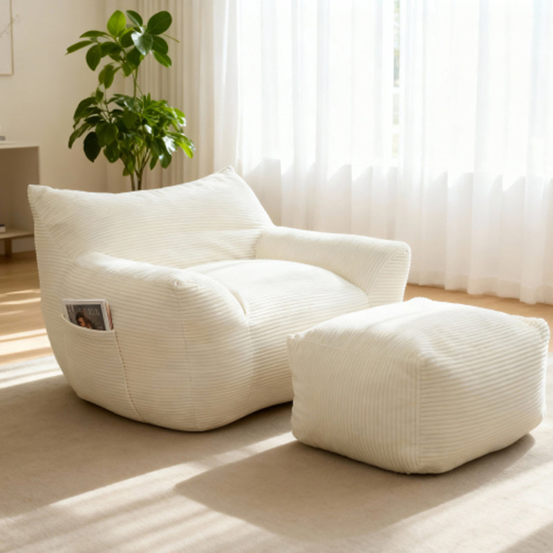 Fauteuil à billes surdimensionné en velours côtelé de 41,7 po avec repose-pieds, Blanc