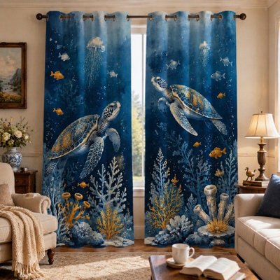 2Pcs Vintage Sea Turtle and Jellyfish Print Curtains, Ocean Life Art Themed, Underwater World Printed Decorative, Sun Blocking Thermal Insulated for Bedroom Living Room Decoration for Home Dector