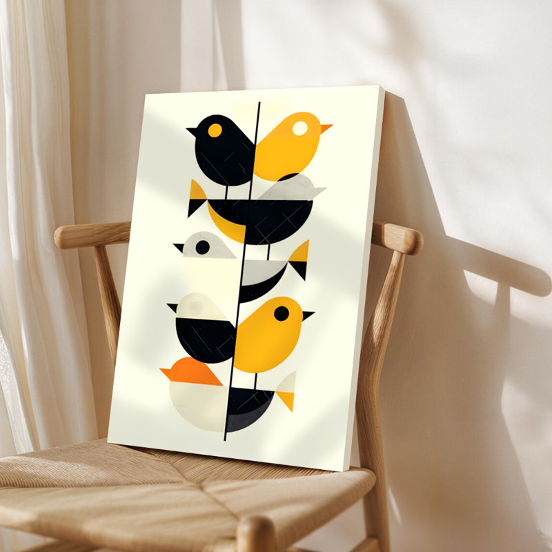 Oiseaux géométriques empilés verticalement, conception symétrique, style art abstrait moderne. Art mural encadré en toile - Cadre en bois massif de 24 po x 36 po et 1 po d'épaisseur pour le salon ou la chambre à coucher