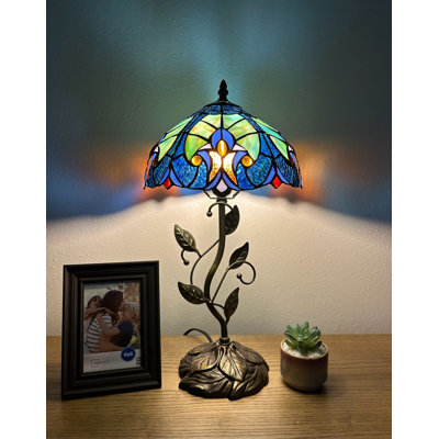 Righer Tiffany Table Lamp Green Brown Stained Glass LED Bulb Included 10"W*10"D*20"H