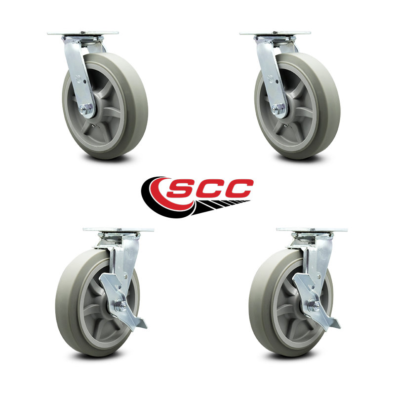 8 Inch Thermoplastic Rubber Swivel Caster Set with Roller Bearings 2 Brakes SCC