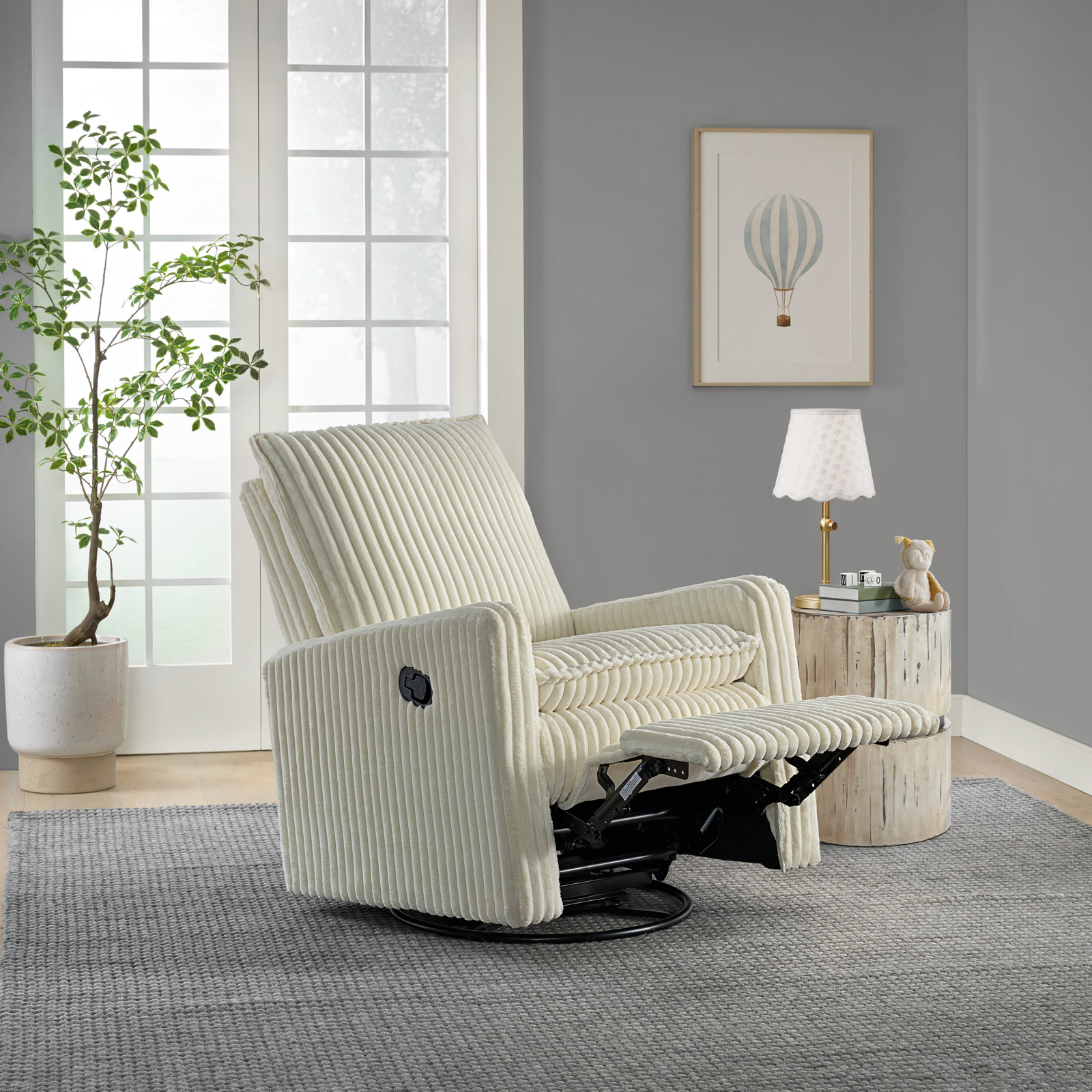 Uptown 360-Degree Swivel Glider Recliner, Pearl White Corduroy