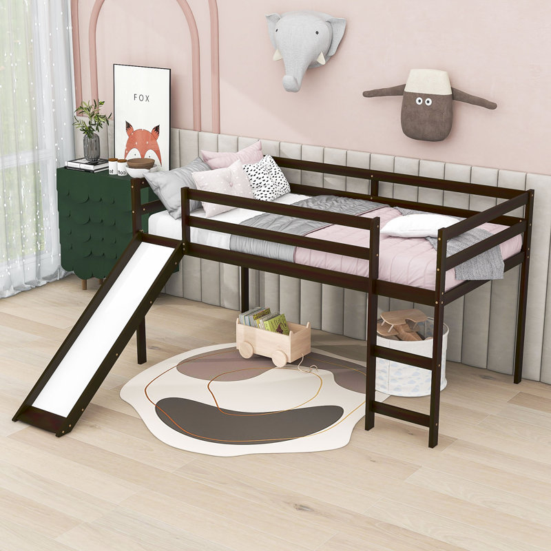 Giannetto Kids Twin Loft Bed with Slide and Ladder, Espresso