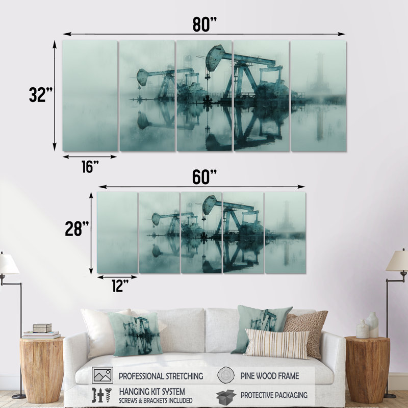 «Gray Petrochemical Winter Texas Oil Rigs», ensemble d'art mural, H 28 po x l 60 po