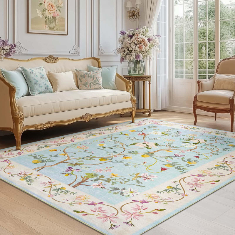 Chinoiserie Vintage Floral Rug Washable Non-slip, Rectangle 4' x 6', Blue/Pink