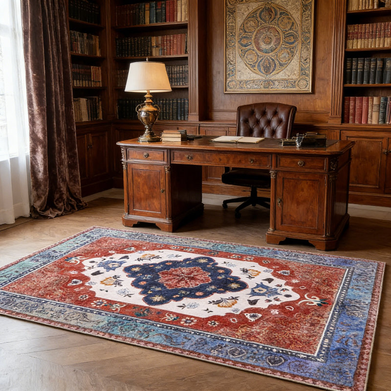 Living Room Rug 8x10 ft Blue and Red Area Rug Machine Washable Rug, Non Slip Vintage Rug Stain Resistant Indoor Large Carpet for Bedroom, Boho Rug, Distressed Retro Floor Rug for Classroom, Dorm, Dining Room