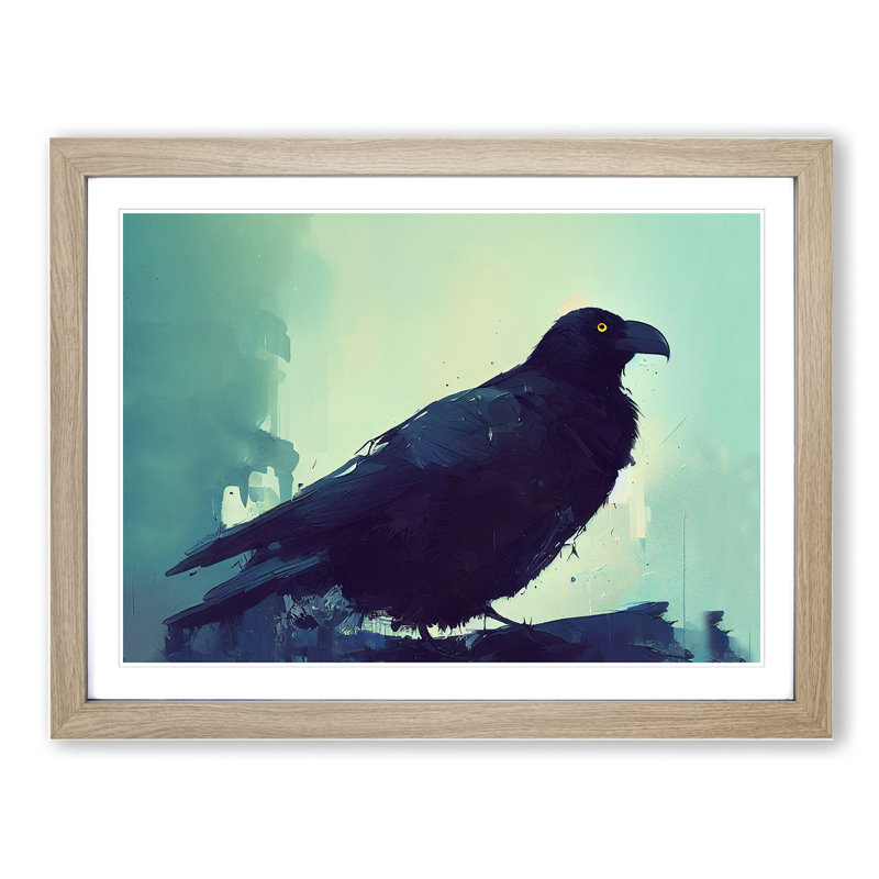 Raven Bird - Single Picture Frame Painting, 46cm H x 64cm W x 2cm D, Oak