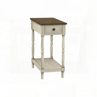2-Tier Narrow Accent Table with Storage Drawer – Brown and Antique White Veneer