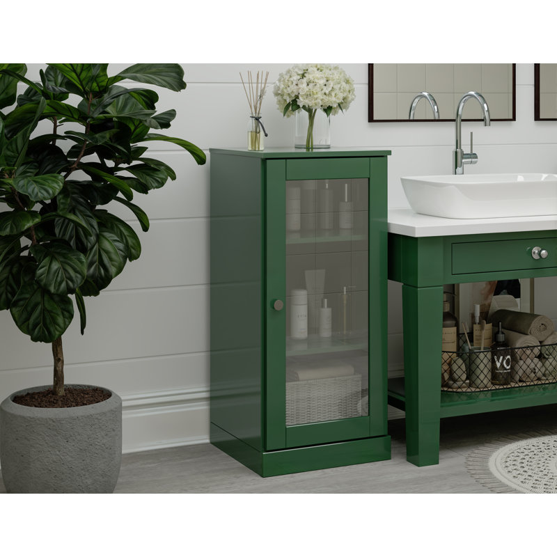 Armoire de salle de bain 100% bois massif 16,5 po avec porte en verre transparent et tablettes réglables, Vert