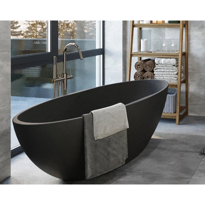 Badeloft 59" x 29.5" Freestanding Soaking Stone Resin Bathtub with Overflow and Drain BW-04-L-MBLK in Matte Black