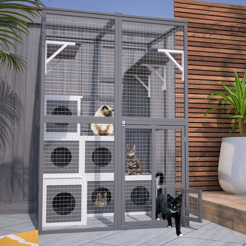 Cat Enclosure with Cozy Hiding Cubes and Three-Door Access for Multiple animal types