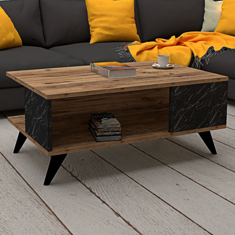 Modern 2-Tier Coffee Table, Walnut & Black, 35.4 x 15.6 x 23.4 inches | 100% Melamine Coated Particle Board, Thickness: 0.7 inches | Additional Storage for Living Room, Stylish & Functional Design