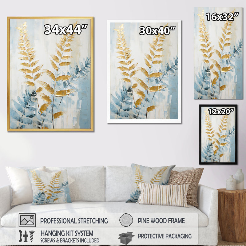 "Blue and Golden Ferns Symphony IV", reproduction d'art sur toile, Cadre naturel flottant, H 40 po x l 30 po x P 1,5 po