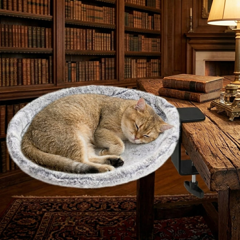 Lit de bureau pour chat - Lit en fourrure de lapin doux et confortable rotatif à 180 °, nid de chat d'intérieur moderne pour bureaux et tables de jeu, supporte 50 lb, gris clair