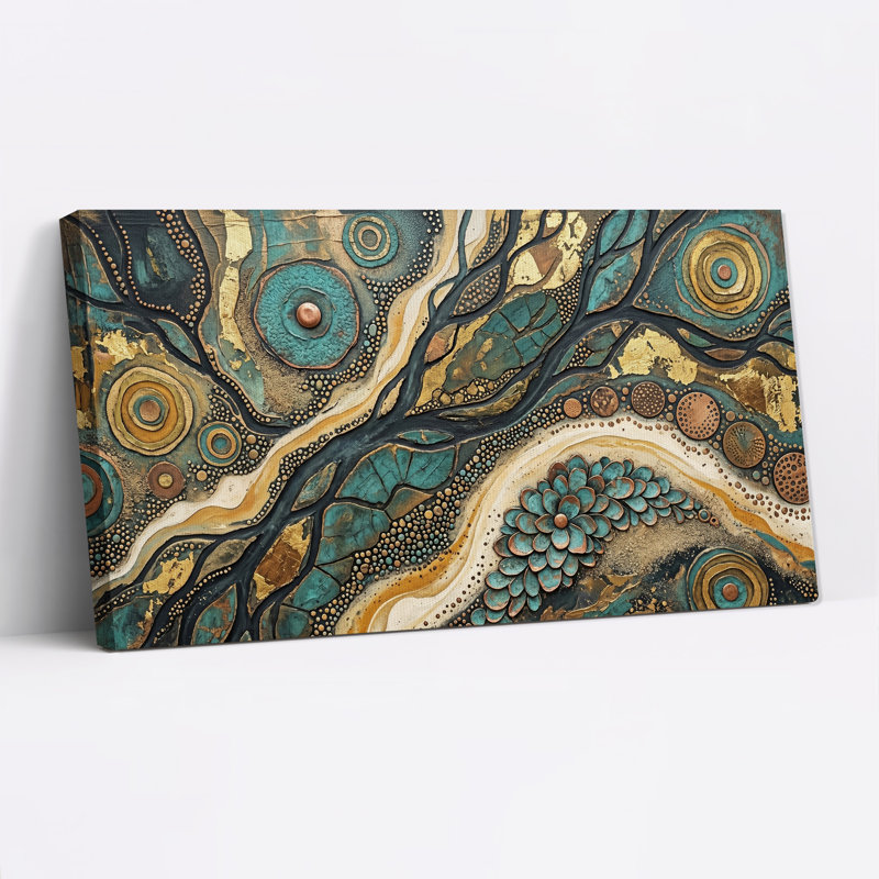 Tableau sur toile à motif floral abstrait or turquoise, L 40 po x H 20 po