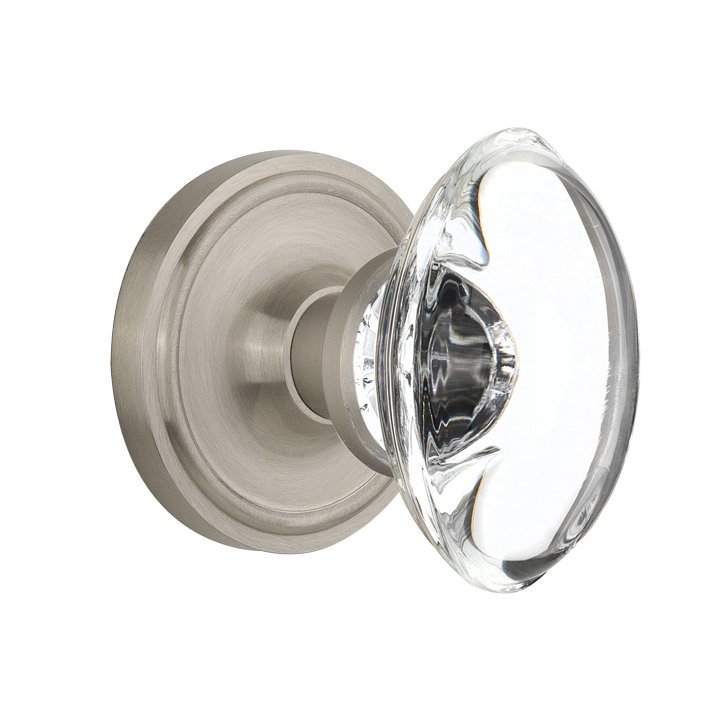 Classic Rosette with Oval Clear Crystal Door Knob, Satin Nickel