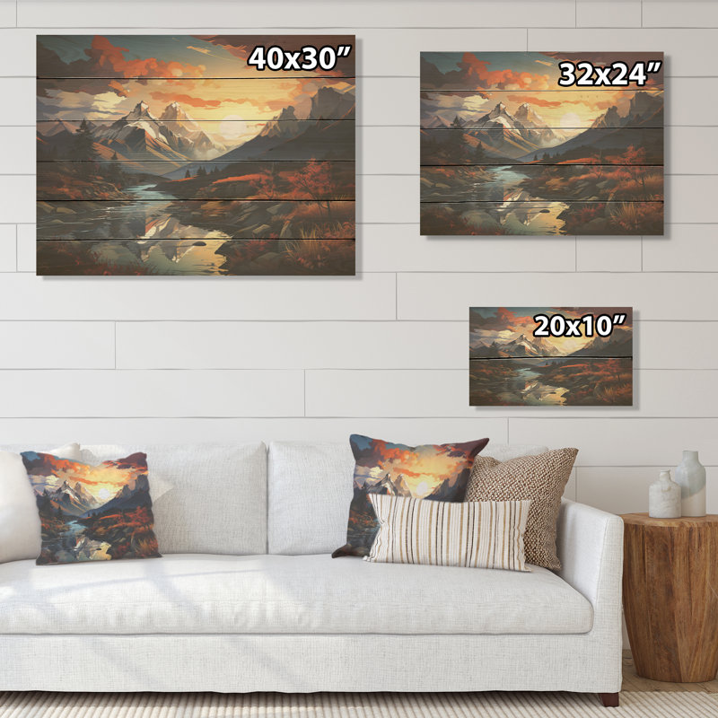 Mountain Sunset Serenity I - montagnes, art sur bois de pin naturel, H 10 po x l 20 po