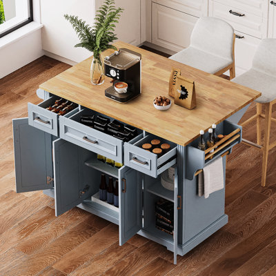 Grand îlot de cuisine de 54 po avec abattant en bois d'hévéa, chariot mobile avec 4 portes, 3 tiroirs et rangement