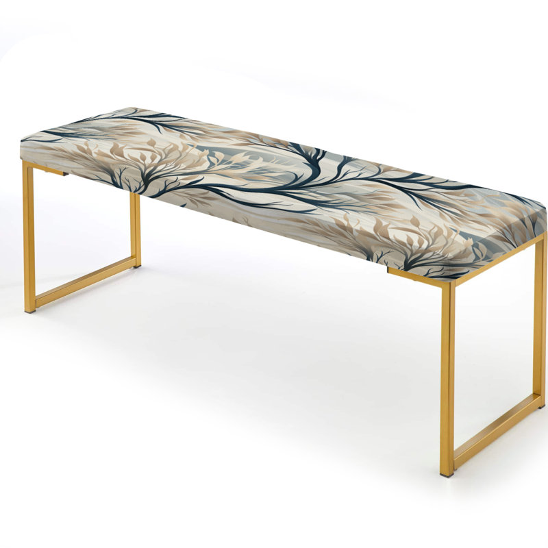 Grey Minimalist Tree Landscape - Floral Upholstered Gold Bench