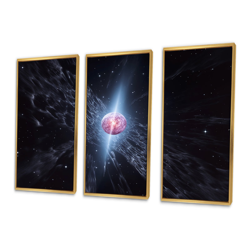 Planète rose en orbite dans l'espace lointain - ensemble de salon d'art mural, Cadre flottant doré